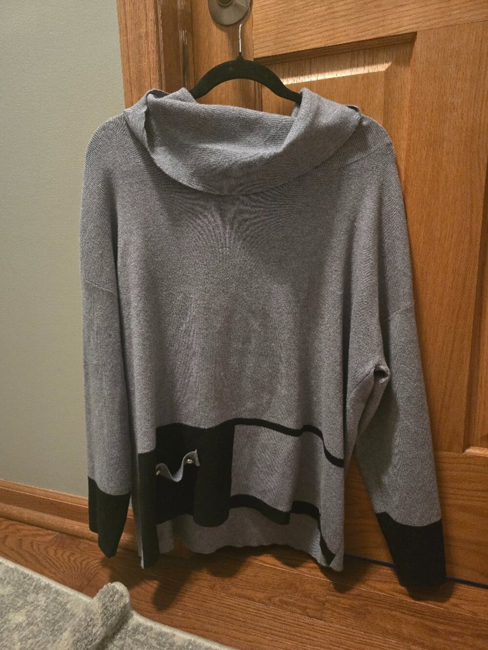 Gray cowl neck sweater with black accents size large